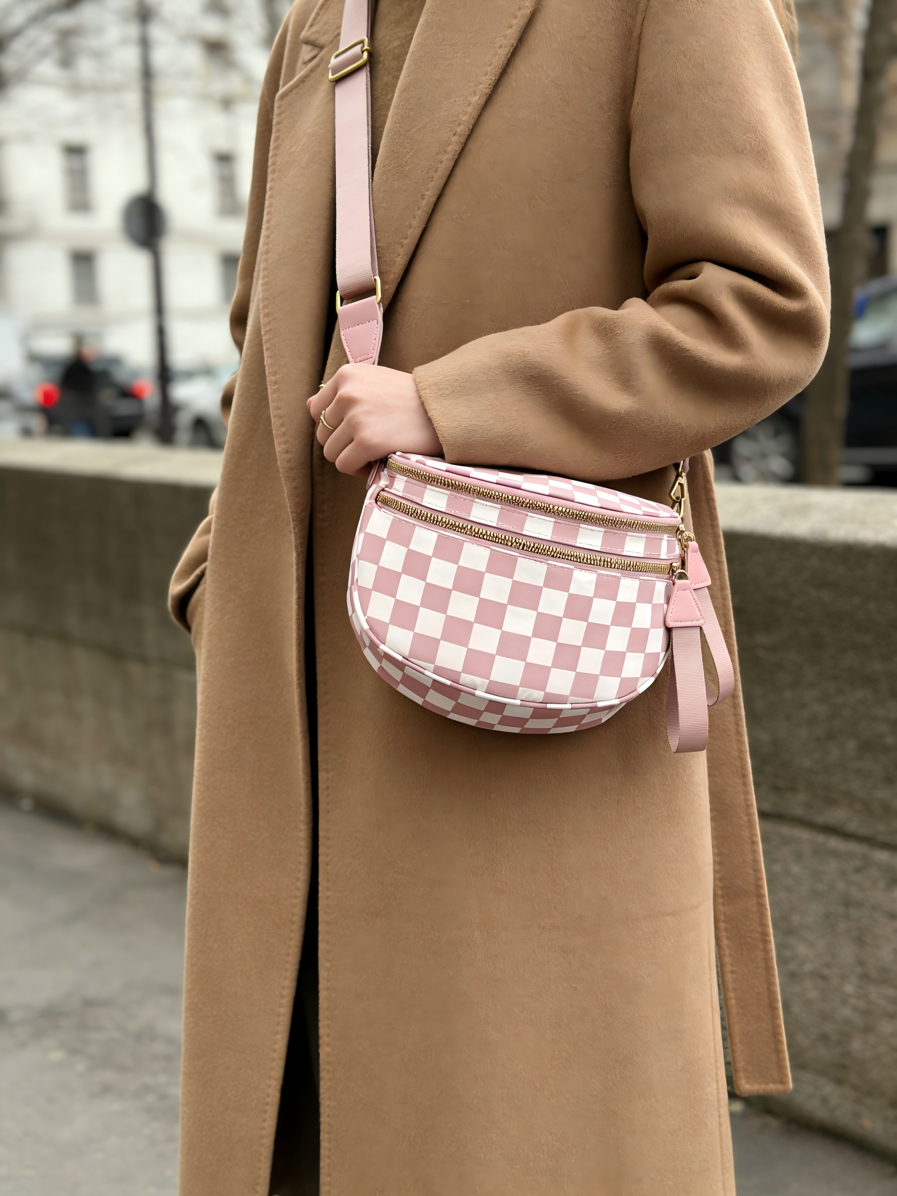 Geruite Crossbody Riemtas voor Dames - Ruime Heuptas voor Moeders & Dagelijks Reizen