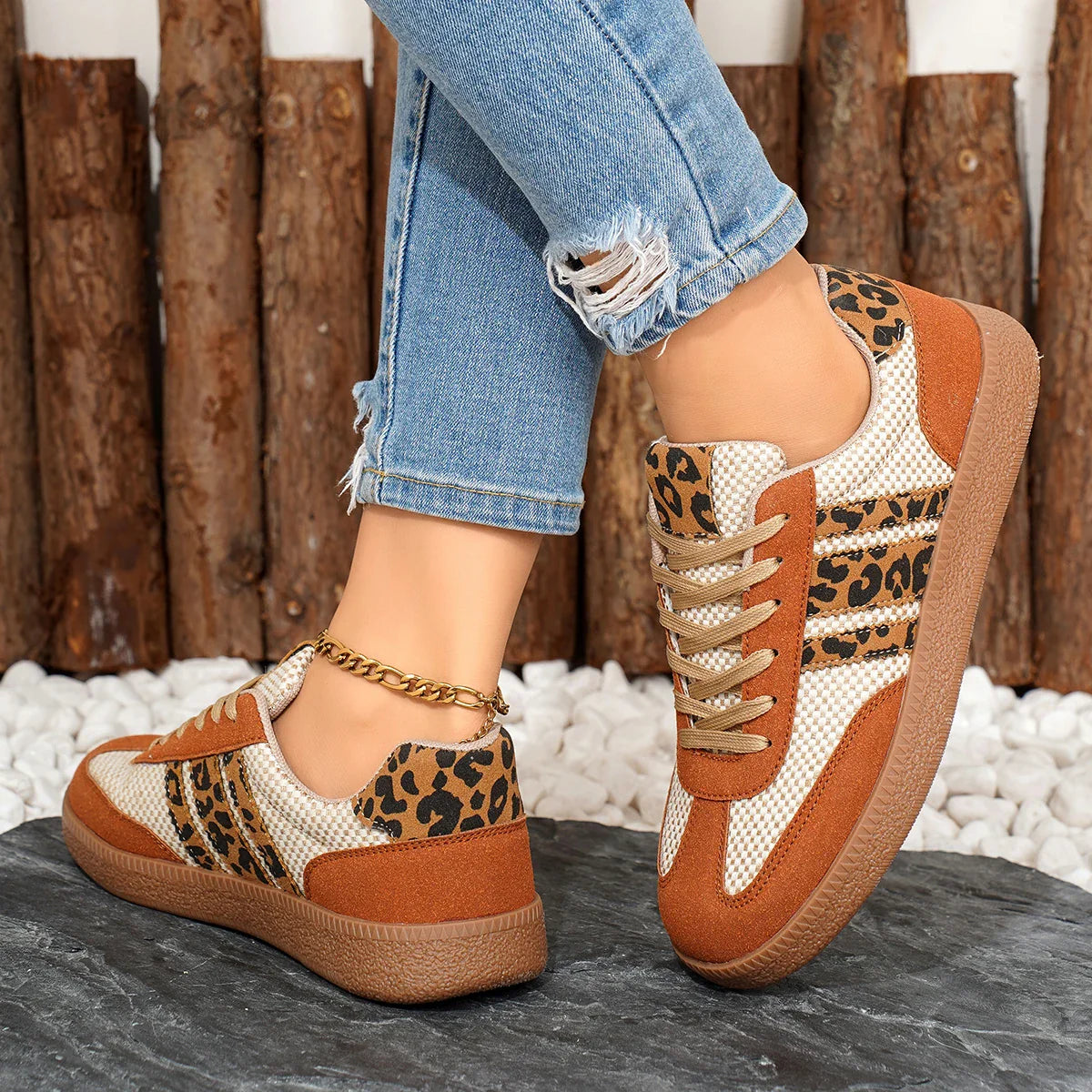 Retro Brown/Beige Leopard Sneakers