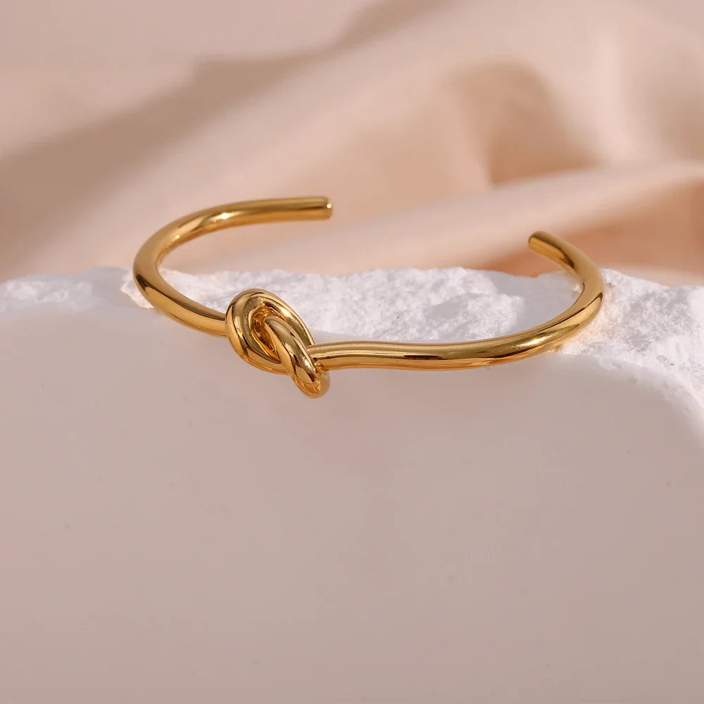 Belle Women's Minimalist 18K Gold Plated Knot Cuff Bangle Bracelet