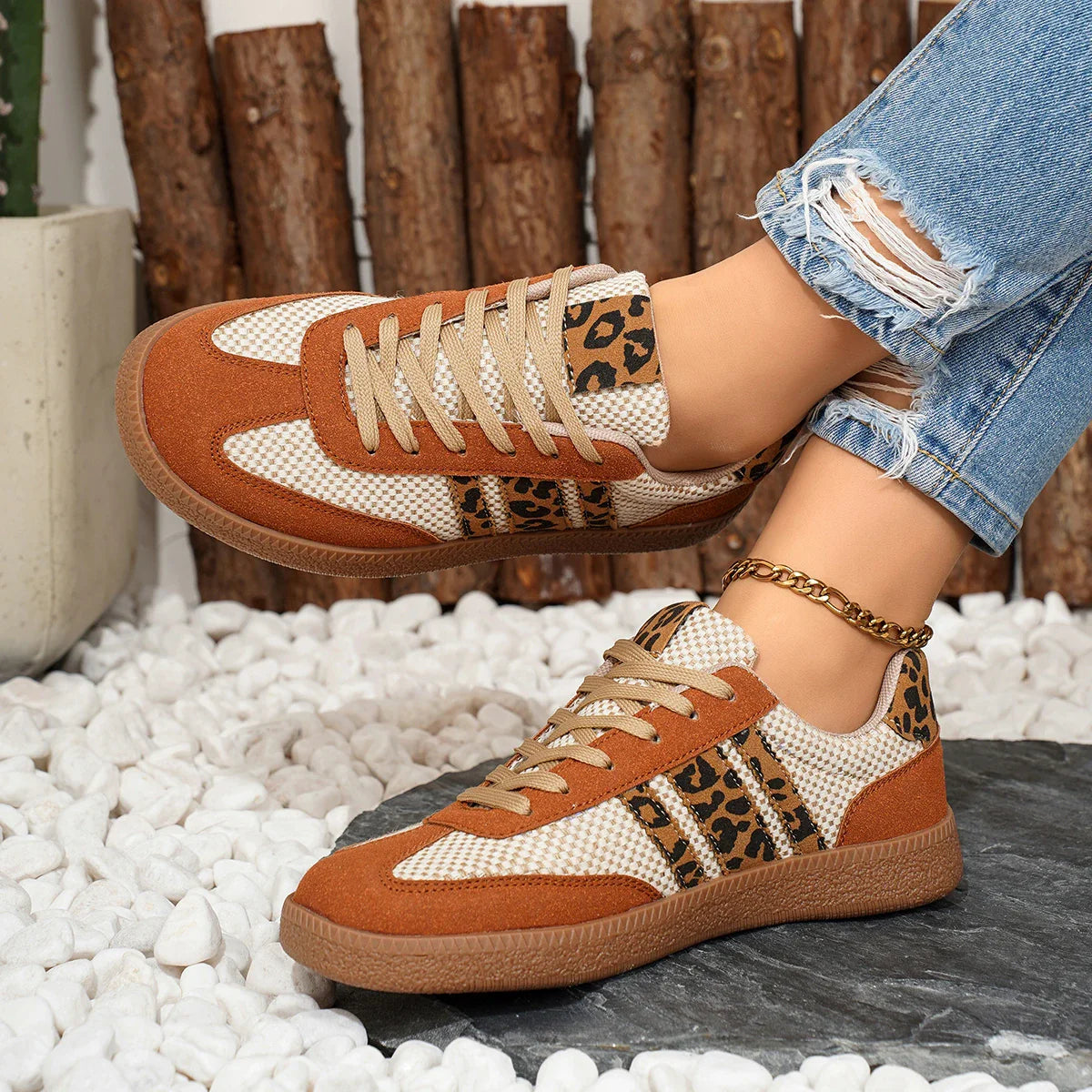 Retro Brown/Beige Leopard Sneakers