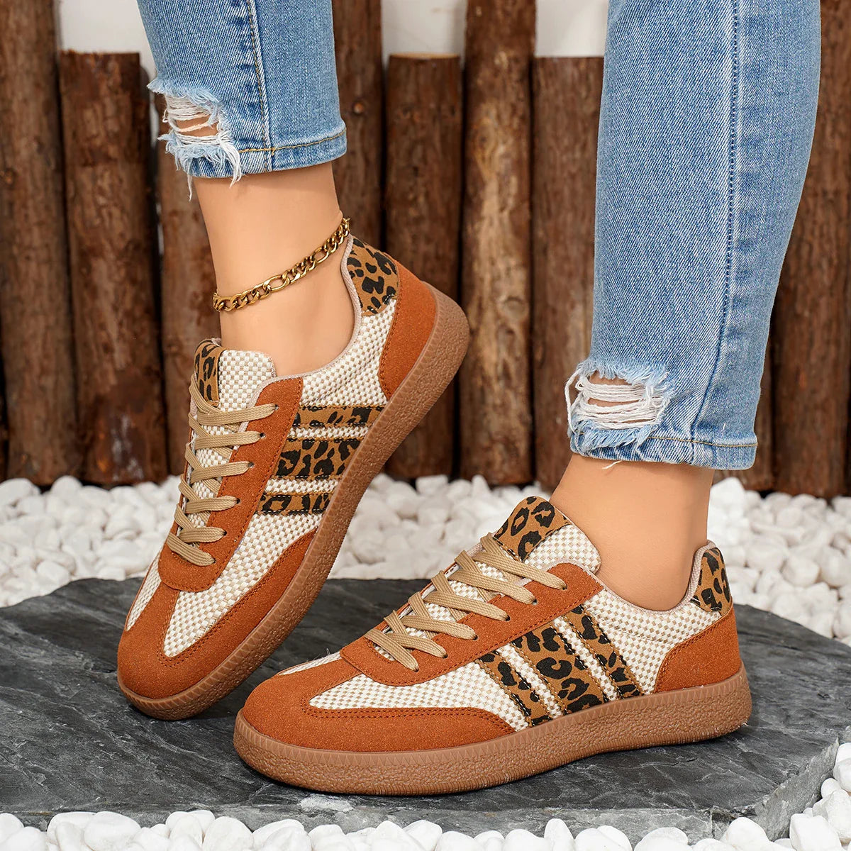 Retro Brown/Beige Leopard Sneakers